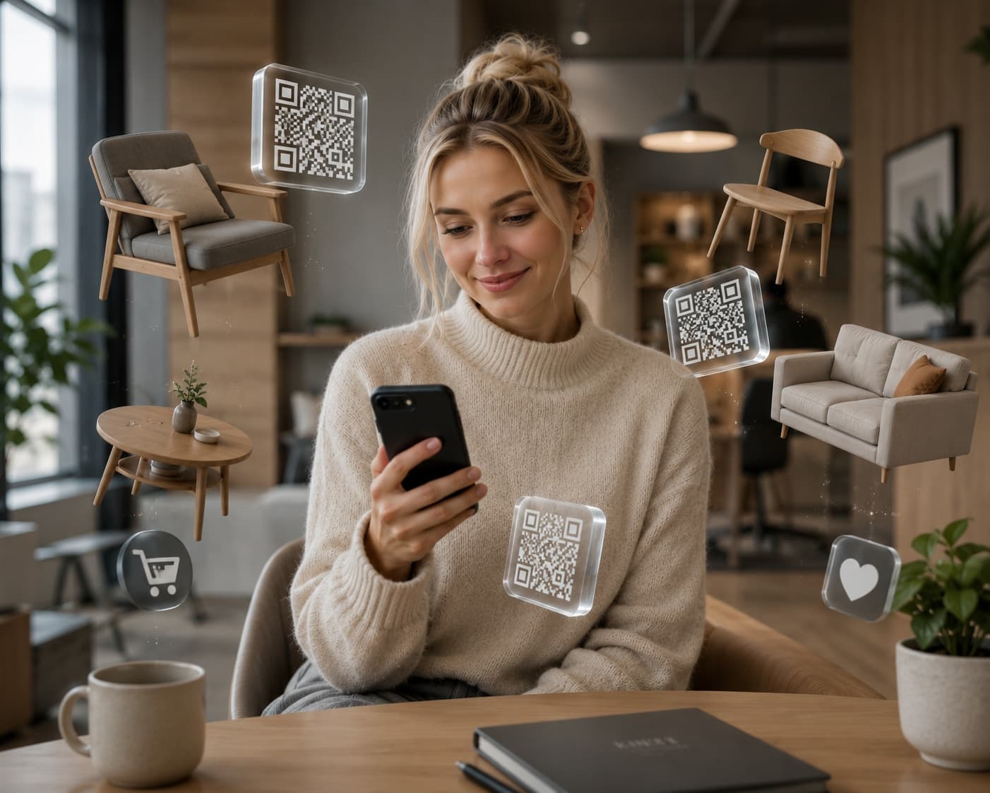 Person using a smartphone with floating miniature furniture and translucent QR code cubes suggesting an AR shopping experience