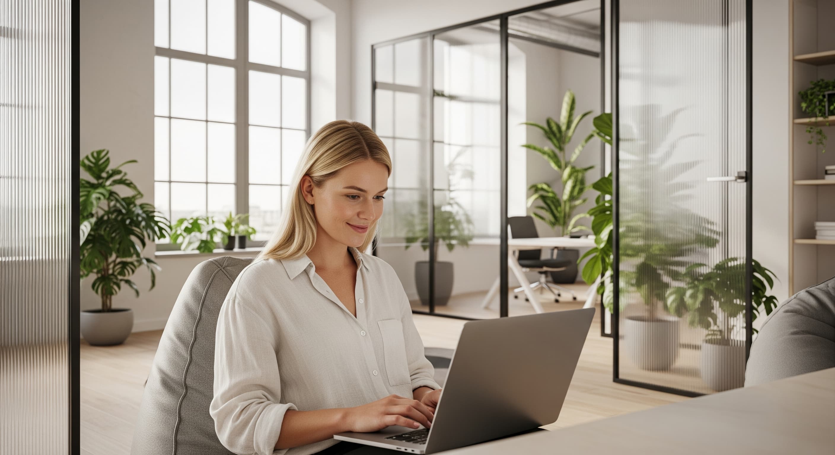 Medarbetare som arbetar vid laptop på kontoret